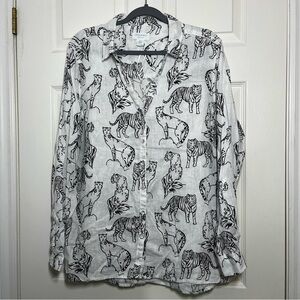 CYNTHIA ROWLEY White Animal Tiger Cat 100% Linen Print Button Down Shirt Size XL